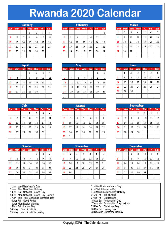 Rwanda Printable Calendar 2020